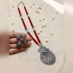 Laal Mor Bead Necklace Set - oxidised jewellery by Afreyn Jewels