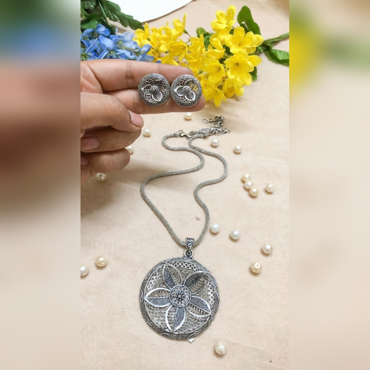 Phool Pendant Chain Set - oxidised jewellery by Afreyn Jewels